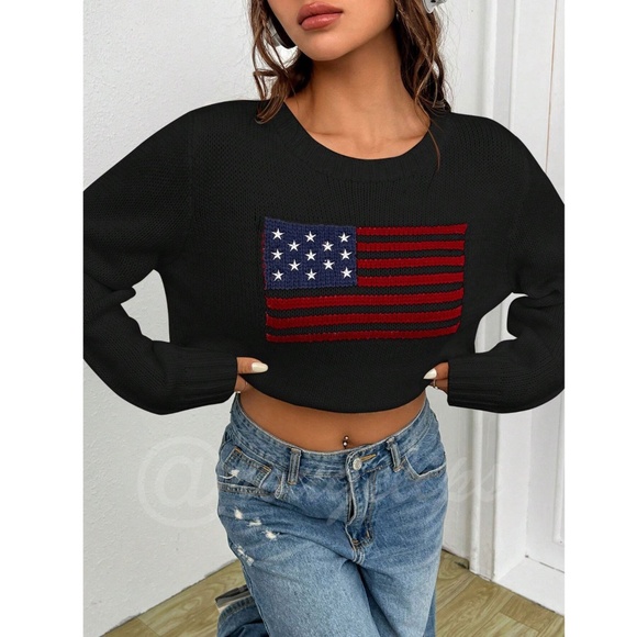 American Flag Knit Black Pullover Sweater Crew Neck Long Sleeve Drop Shoulder - Picture 4 of 7